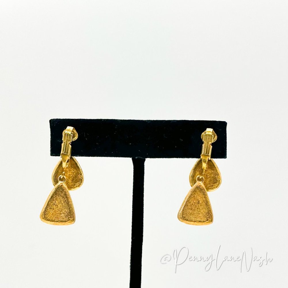 Vintage Double Green Tiled Teardrops Clip On Earrings - Picture 6 of 6